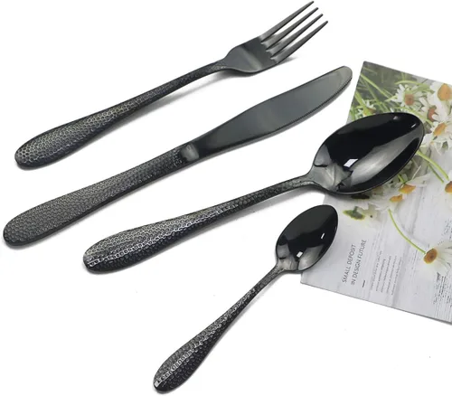 Vista 3 de JASHII Juego de cubiertos de 4 piezas de acero inoxidable negro forjado con mango martillado, servicio para 1 pulido de espejo, apto