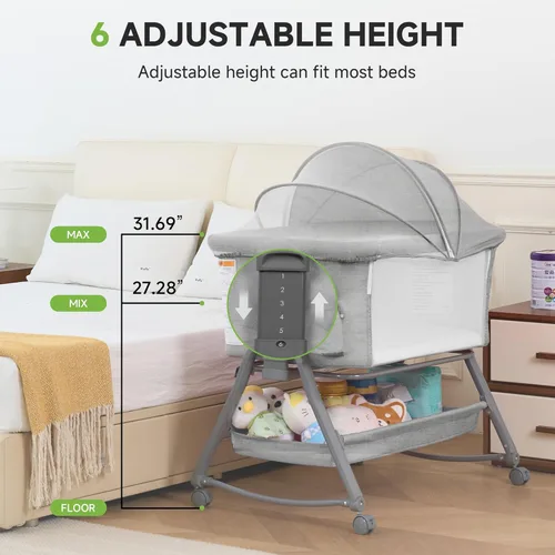 Vista 7 de Real Relax Moisés para bebé, cuna mecedora 3 en 1 para bebé con 6 alturas ajustables, laterales y colchón de malla transpirable, cesta de Gris