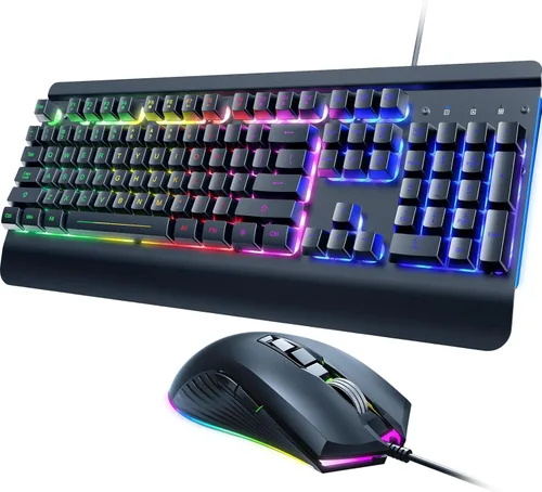Vista 8 de Teclado para videojuegos, teclado silencioso con retroiluminación RGB de tamaño completo, reposamuñecas, teclas silenciosas, teclas multimedia