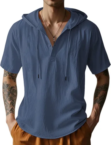 Vista 8 de Sudaderas con capucha de algodón y lino para hombre, camisa de manga corta con botones, camisa de verano hawaiana con cordón