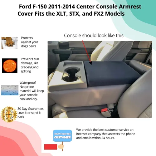 Vista 2 de Fundas de consola automáticas - Se ajusta a la Ford F-150 XLT, STX y FX2 de 2011-2015, cubierta impermeable de neopreno para apoyabrazos de la Negro