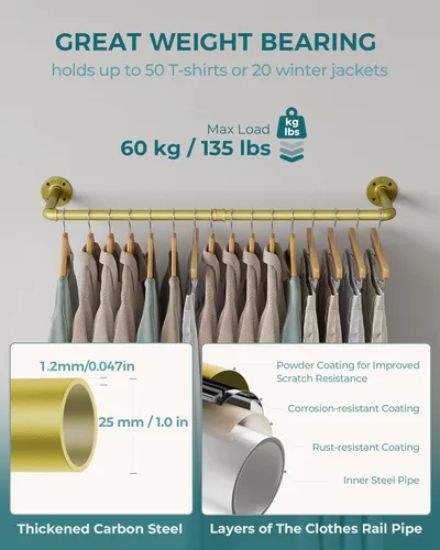 Vista 3 de OROPY Juego de 2 percheros industriales de tubería para montar en la pared, 38.4 pulgadas, barra de hierro resistente para ropa, barra multiusos