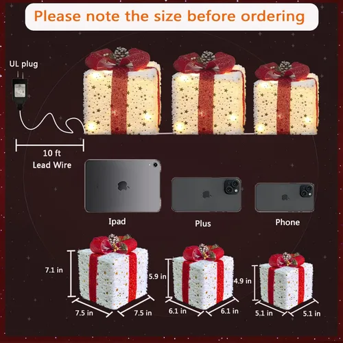 Vista 2 de Decoraciones de Navidad: Juego de 3 cajas de regalo iluminadas de Navidad, decoración de Navidad de peluche diminuta con 60 luces LED blancas