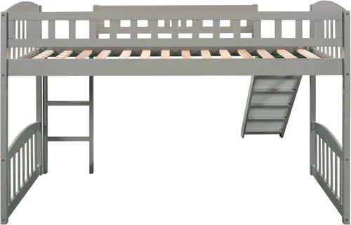 Vista 6 de Merax Cama tipo loft de tamaño individual con tobogán y escalera, marco de madera de pino macizo, gris