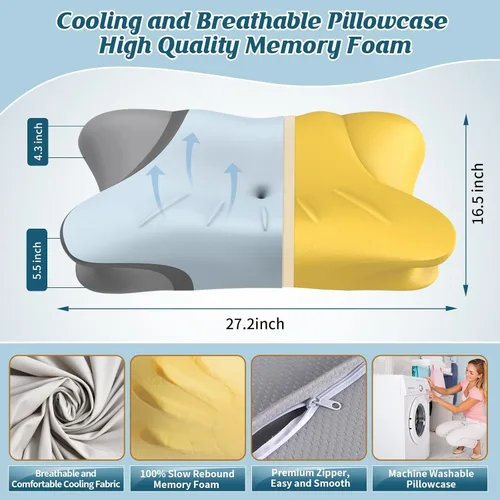 Vista 3 de Almohada cervical para el cuello, almohada refrescante para aliviar el dolor de cuello, almohada ergonómica para dormir de lado, almohadas de espuma