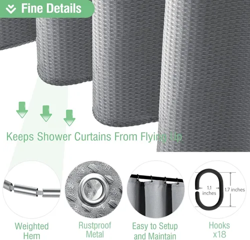 Vista 262 de Cortina de ducha de tela Dynamene verde oscuro - Cortinas de baño de tela de nido de abeja texturizadas resistentes, juego de cortinas de baño