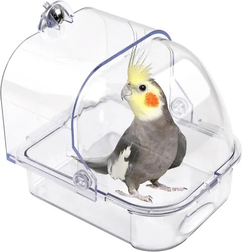 Baño para pájaros para jaula transparente para pájaros, bañera colgante portátil, sin fugas, con ganchos de acero inoxidable para pájaros pequeños,