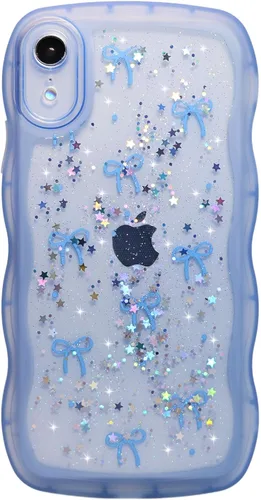 Vista 23 de Qokey para iPhone 14 Plus Funda de 6.7" con diseño de borde ondulado rizado, transparente, con purpurina, brillo, estrellas, brillante, lindo