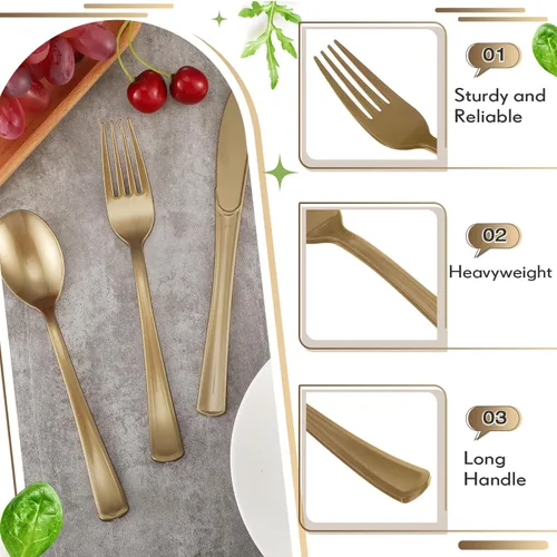 Vista 3 de Juego de cubiertos de plástico de 300 piezas, juego de cubiertos de plástico resistente, incluye 100 cucharas desechables, 100 tenedores, cuchillos