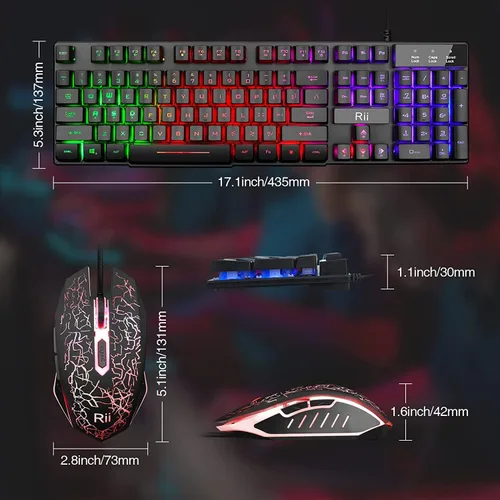 Vista 2 de Rii - Set de teclado y ratón, teclado multimedia para PC con retroiluminación LED arcoíris, ratón para juegos con retroiluminación colorida