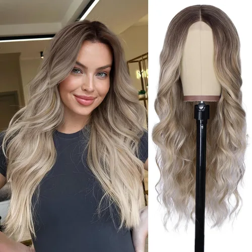 Vista 26 de NAYOO Pelucas marrones con flequillo para mujer, pelucas de cabello largo y ondulado, resistentes al calor, pelucas de fibra sintética para uso