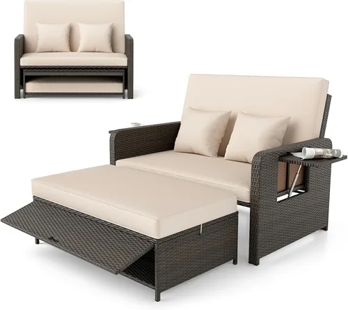 LDAILY Moccha - Sofá cama para exteriores, sofá biplaza de mimbre con respaldo ajustable de 4 posiciones, otomana de almacenamiento, cojines, Beige