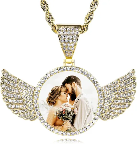 INBLUE Collar personalizado de hip hop con foto de memoria, texto grabado personalizado para hombres y mujeres, ala de ángel helada de cobre, dije