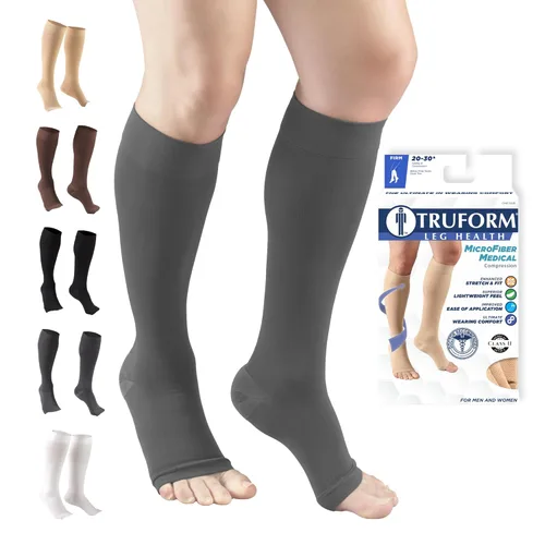 Vista 14 de Truform Medias de compresión médicas de 20-30 mmHg, microfibra con infusión de aloe, hasta la rodilla, puntera abierta, beige, talla S