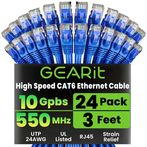 Vista 48 de GEARit Paquete de 24 cables Ethernet Cat6 de 0.5 pies Cable de conexión de red RJ45, conectores chapados en oro sin enganches de 10 Gbps, cable