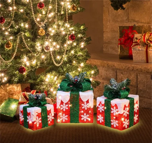 Vista 3 de [Juego grande de 3 cajas decorativas de regalo iluminadas de Navidad de 10"x8.5"x6.5", con 70 LED súper brillantes pre-iluminados con intermitentes