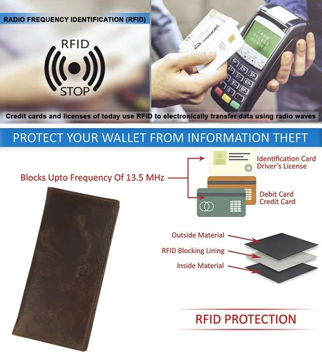 Vista 6 de Mou Meraki Cartera larga plegable de cuero genuino para hombre con bloqueo RFID