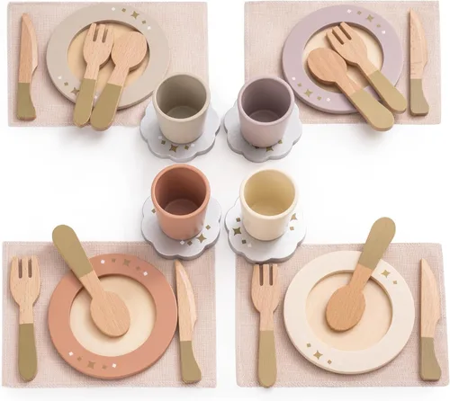 ROBUD Juego de 4 platos de madera – Accesorios de comida de juego inspirados en Montessori para niños, juego de cocina de juego de simulación para