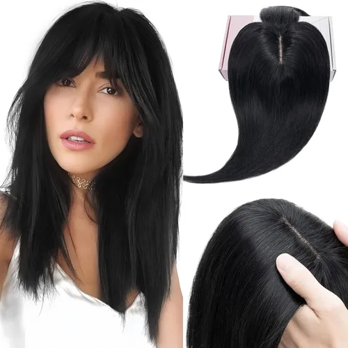 Vista 15 de Elailite Pelucas para mujeres con flequillo, cabello humano real, topper con cabello delgado, 13 cm x 7 cm, base de seda, clip en piezas de cabello