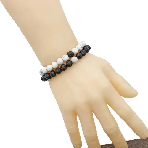 Vista 6 de MengPa - Pulseras de cuentas con cuentas de piedra volcánica mate y roca de lava, elástica, para hombre y mujer, Anxiety Volcanic