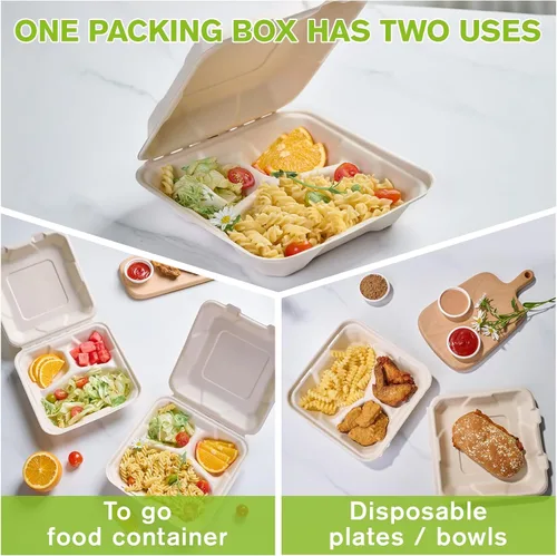 Vista 4 de ECOLipak Paquete de 300 recipientes con forma de ostra para llevar, 100% compostables y desechables, recipientes para llevar comida de 20,3 x 20,3 3