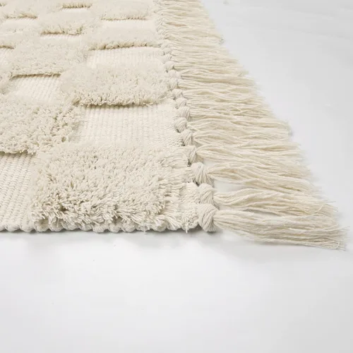 Vista 2 de Lanffia Alfombra bohemia copetuda a cuadros de 2 x 3 pies, color beige, lavable con borlas, para interiores, casa de campo, cocina, baño