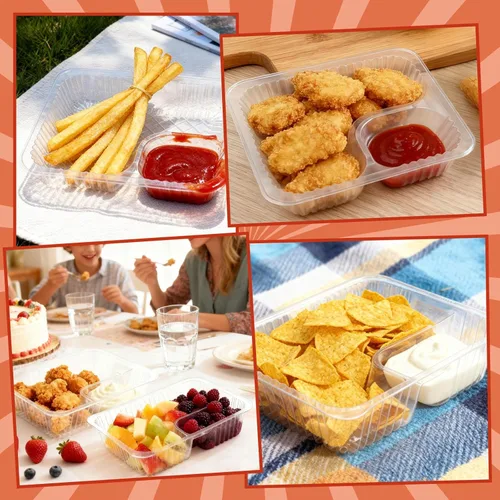 Vista 2 de Vmiapxo 200 bandejas de plástico para nachos de 12 onzas, contenedor desechable de 6.5 x 5.1 pulgadas, 2 compartimentos para aperitivos y salsas