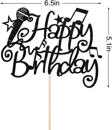 Vista 2 de Micrófono negro con purpurina para pastel de cumpleaños, decoración de cumpleaños para amantes de la música, tema musical de karaoke, suministros