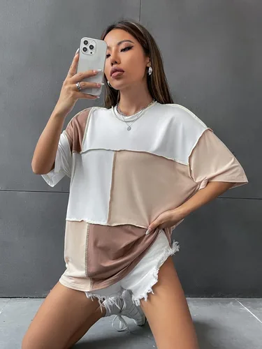 Vista 4 de Floerns Camiseta holgada de manga corta con cuello redondo y costuras de bloque de color para mujer