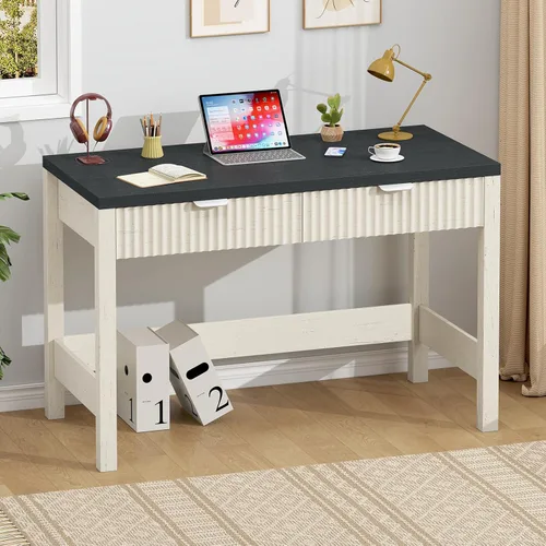 Vista 10 de YOMILUVE Escritorio estriado para computadora con 2 cajones, escritorio pequeño de computadora de 39 pulgadas con almacenamiento, escritorio Blanco