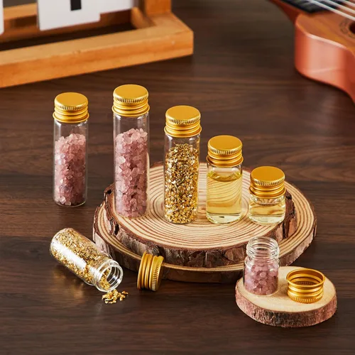 Vista 4 de Didaey 100 frascos pequeños transparentes para especias con tapas, mini botellas de vidrio con tapas de metal de aluminio, pequeños frascos