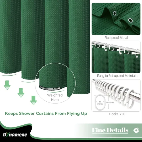 Vista 301 de Cortina de ducha de tela Dynamene verde oscuro - Cortinas de baño de tela de nido de abeja texturizadas resistentes, juego de cortinas de baño