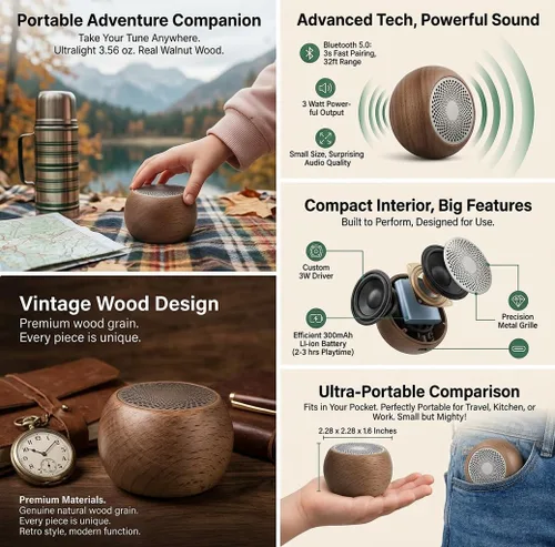 Vista 2 de Altavoz Bluetooth portátil, diseño de madera retro, mini altavoz inalámbrico de 3W para viajes y exteriores, batería recargable de 300 mAh