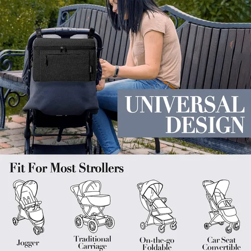 Vista 5 de Organizador universal para cochecito de bebé, espacio grande con portavasos aislado, bolsa de pañales desmontable, correa de hombro ajustable