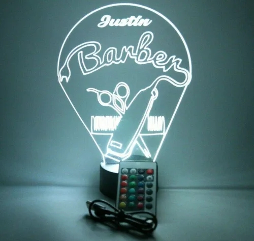 Barbería peluquería corte peine silla tijeras afeitado hombres noche luz LED grabado personalizado nombre personalizado escritorio lámpara de mesa