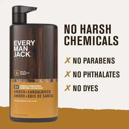 Vista 6 de Every Man Jack Champú diario 2 en 1 + acondicionador - Ámbar + sándalo Nutritivo para todo tipo de cabello, derivado de forma natural, libre