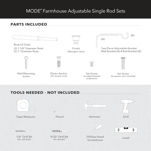 Vista 4 de MODE Farmhouse Collection Conjunto de 2 juegos de barras, barras de cortina ajustables de acero con 1 1/8" de diámetro para montar en la pared