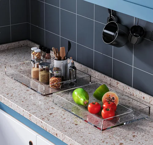 Vista 6 de Paquete de 2 bandejas para servir con asas, bandeja de acrílico transparente para servir alimentos, bandejas grandes de alimentos al aire libre