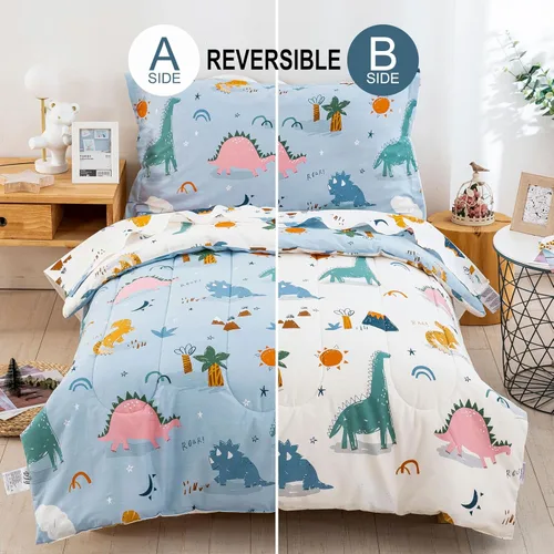 Vista 2 de DJY Juego de ropa de cama de algodón de 4 piezas, juego de edredón de dinosaurio para niños y niñas, incluye edredón reversible azul y blanco