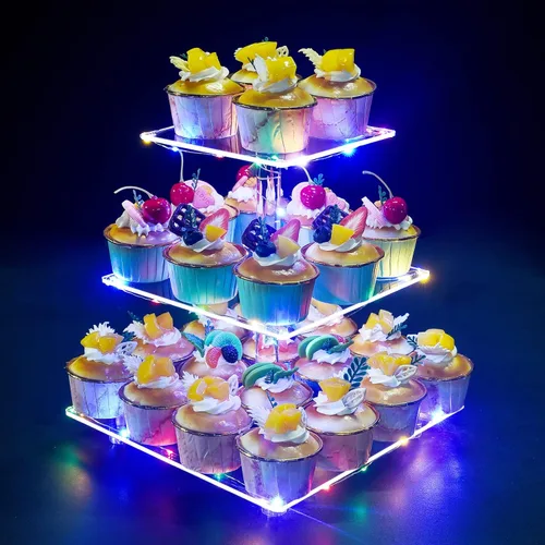 Vista 18 de Soporte para Cupcakes, Portacupcakes Cuadrado de 4 Niveles con Tira de Luces LED, Exhibidor de Torre Acrílica para Cupcakes-Torre de Postres-Soporte