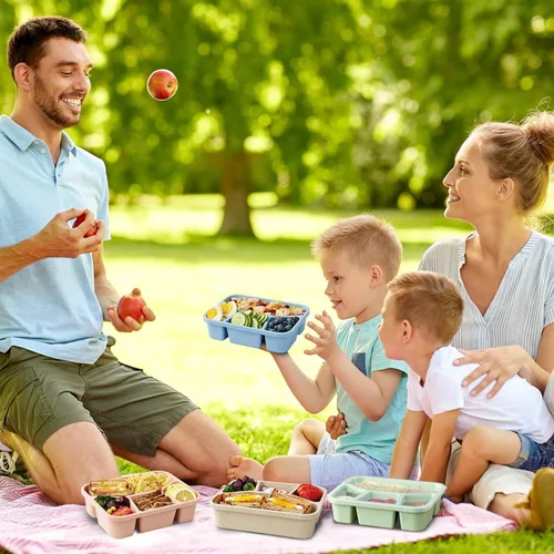 Vista 2 de 4 Pack Bento Lunch Box, 4 Compartment Wheat Straw Meal Prep Containers for Kids/Toddle/Adults, BPA Free Reusable Food Storage Containers, Durable