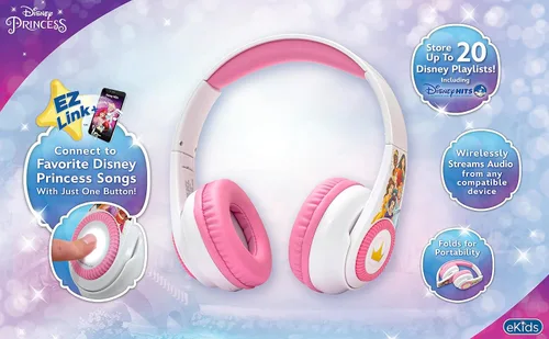 Vista 4 de eKids Disney Princess - Auriculares Bluetooth con EZ Link+, auriculares inalámbricos con micrófono y cable de audio, auriculares para niños