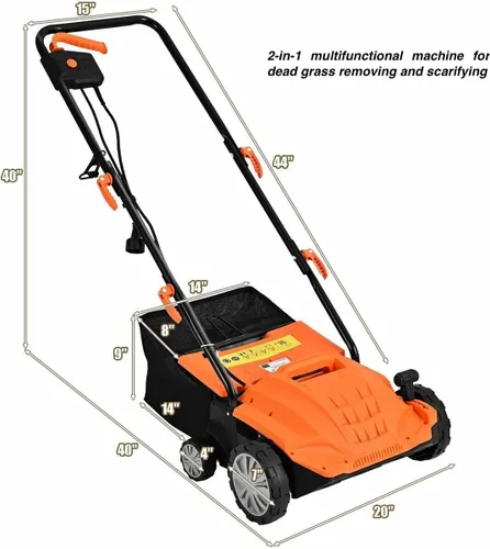 Vista 2 de Escarificador eléctrico naranja de 13 pulgadas, 12 amperios, función 2 en 1, con cable, cortacésped, desbrozadora eléctrica, recortadora de césped