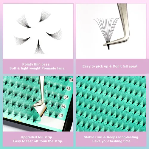 Vista 4 de VAVALASH Extensiones de pestañas postizas en abanico 320 abanicos 10D 14D 16D 20D 0.05 0.07 de grosor, rizado C/D, abanicos prefabricados de tallo