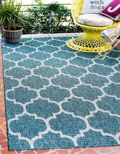 Vista 28 de Unique Loom Outdoor Trellis Collection Alfombra de Área (5' 1" x 8' Oval, Aguamarina/Gris)