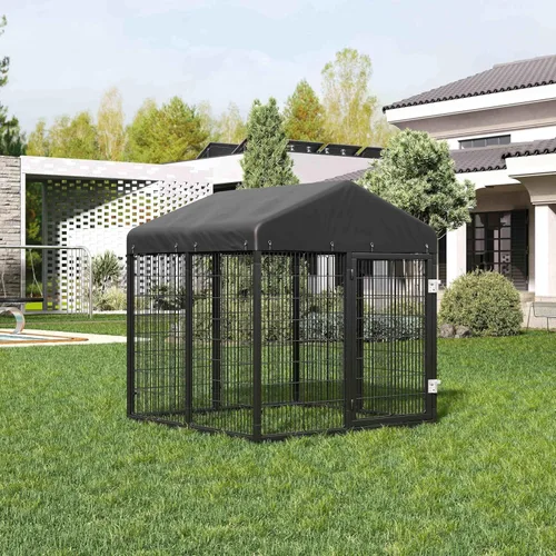 Vista 6 de Petony Gran recinto para perros al aire libre, jaula resistente con techo, valla de acero galvanizado para perreras con doble cerradura de seguridad