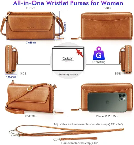 Vista 4 de nuoku Cartera RFID para mujer bolso cruzado con cremallera alrededor de 2 correas