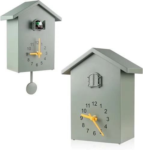 Vista 13 de KEYPOWER - Reloj de pared de cuco, sonidos naturales de pájaros o llamada de cuco, péndulo de reloj con diseño, casa de pájaros, arte de pared
