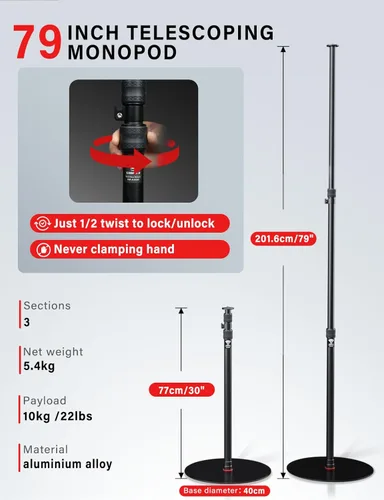 Vista 6 de IFOOTAGE Monopod de base redonda A400, soporte de luz de fotografía de 79 pulgadas con base plana, trípode de estudio de aluminio para grabación