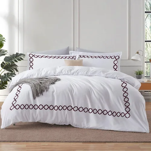 Vista 8 de BedDecor: Enchanted Oasis - Juego de funda de edredón de 3 piezas de 600 hilos de algodón egipcio con bordado de cuadrifolio, ultra suave